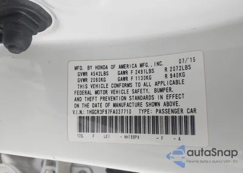 2015 Honda Accord Touring из США, поврежденный, VIN 1HGCR3F97FA037710